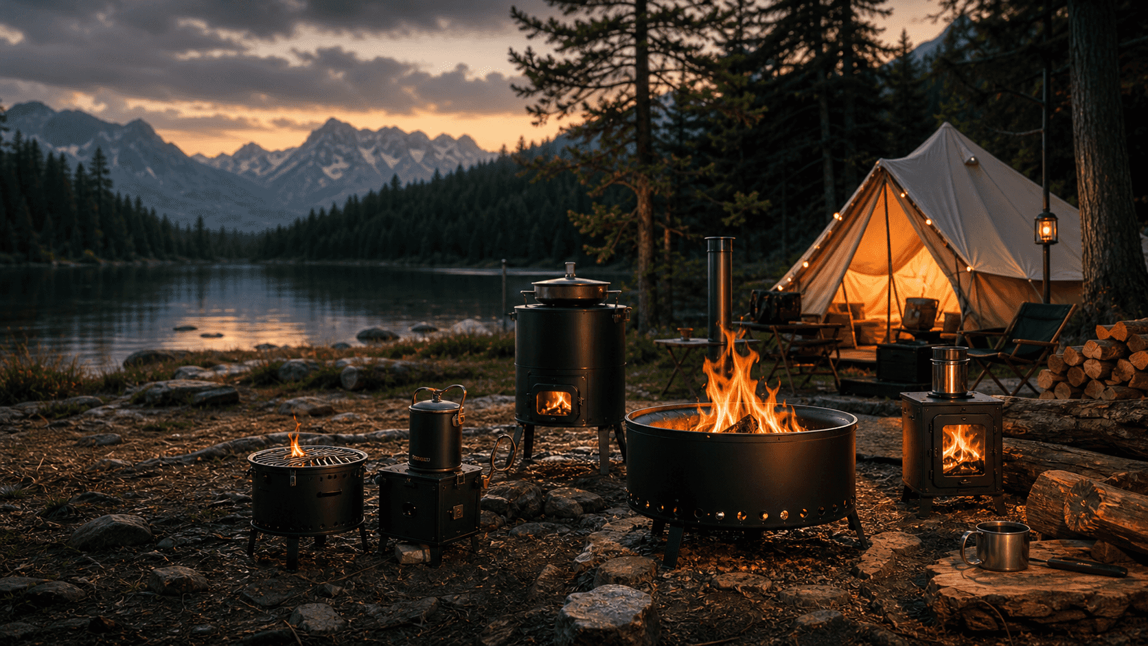 Outdoor campsite with GoldFireStoves fire pits and wood burning stoves