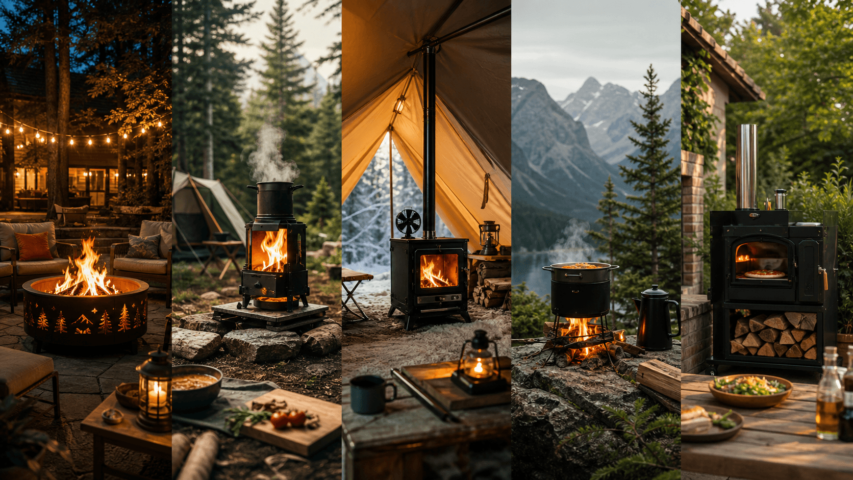 GoldFireStoves outdoor fire products across backyard, camping, tent heating and cooking scenarios